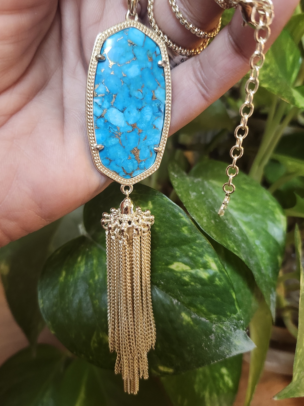 Kendra Scott Veined Gold Tassel Pendant Necklace with Turquoise Stone